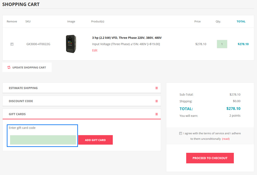 Enter gift card code before proceeding to checkout