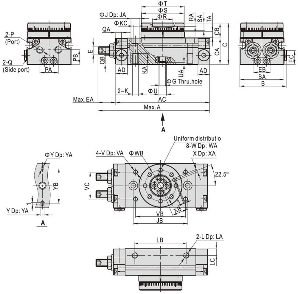 Dimension-of-pneumatic-rotary-actuator-HRQ-2-3-7