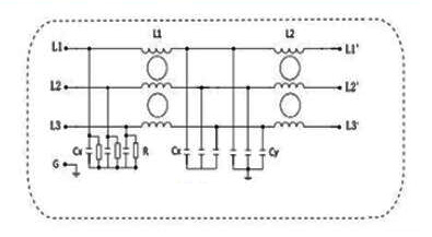 3-phase 3-Wire 2-stage Power Line Filter Electrical Schematic