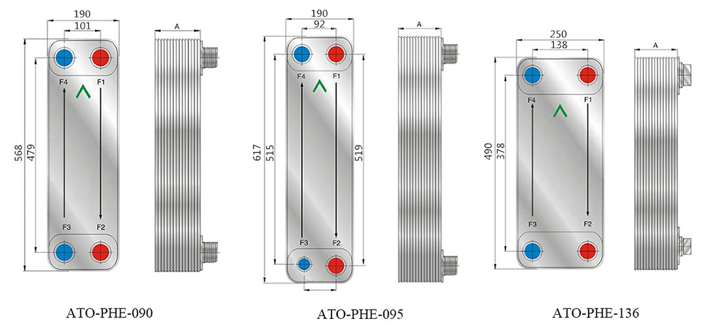 Dimension Drawing of Counter Flow Brazed Plate Heat Exchanger, Model 090/095/136