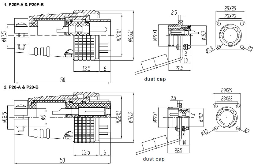 Circular connector 2 to 14 pin m22 dimensional drawing