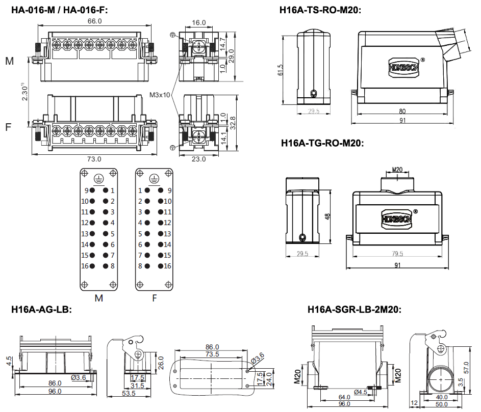 16 pin AC 250 volt heavy duty connector dimension