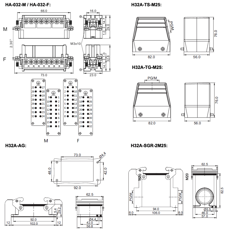 32 pin AC 250V heavy duty connector dimension