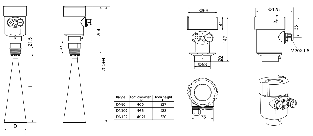 Radar level sensor for non-contact water/liquid/tank level measurement 0-70m dimension