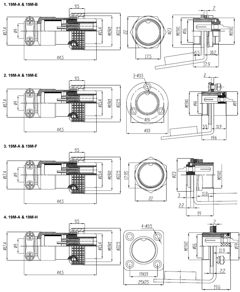 Circular connector 2 to 14 pin m19 dimensional drawing