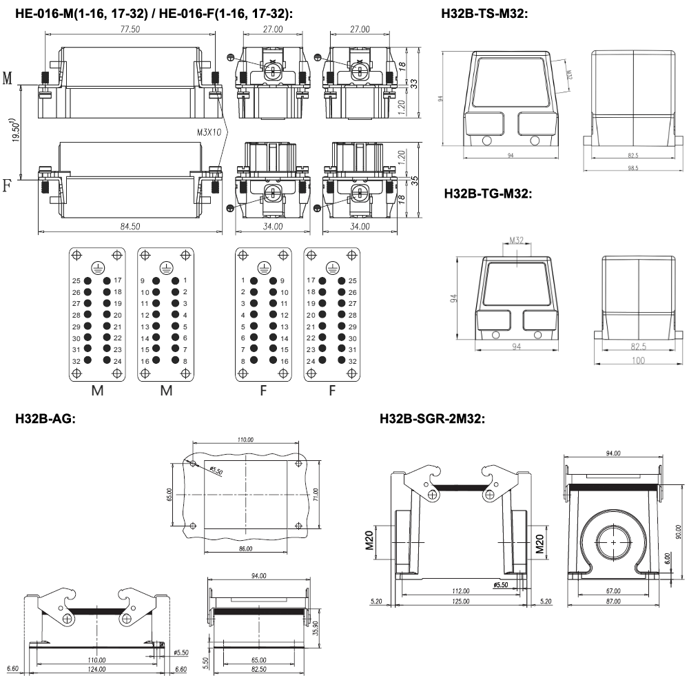 32 pin AC 500V heavy duty connector dimension