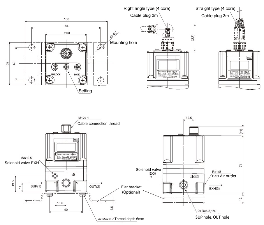 Dimensions of 50~5000 mbar 1/4 inch Proportional Pressure Regulator with Flat Bracket