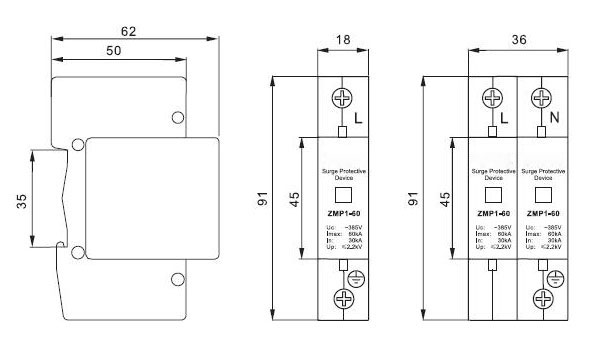 Type 2 Surge Protection Device 1P 2P Dimensions