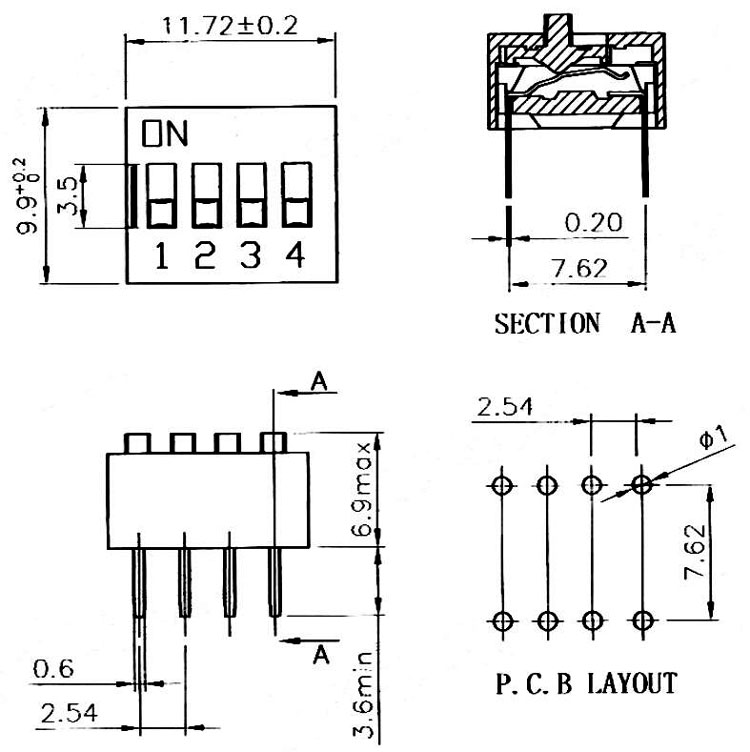 Dimensions of 7 Position 14 Pin SPST DIP Switch