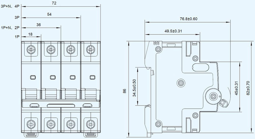 50 amp 1 pole Miniature Circuit Breaker Dimensions