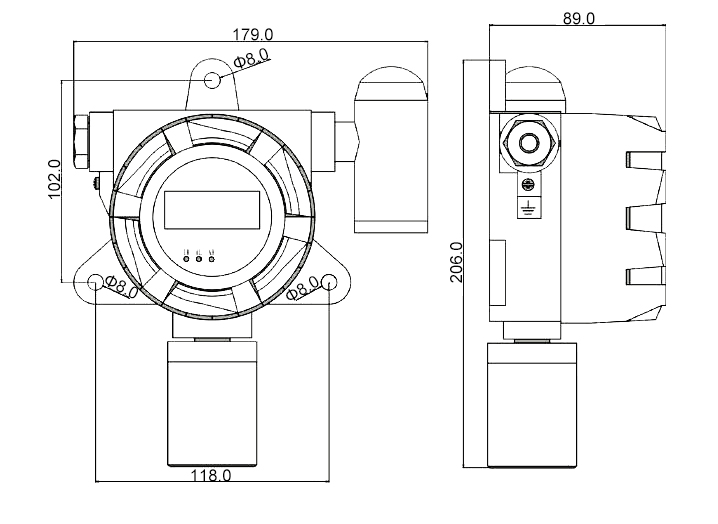 Fixed gas detector with alarm dimension