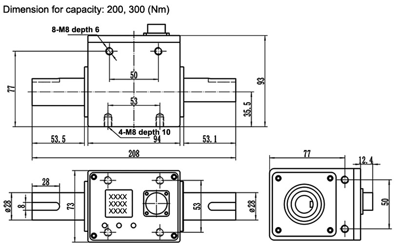 Rotary torque sensor dimension for capacity 200-300 Nm