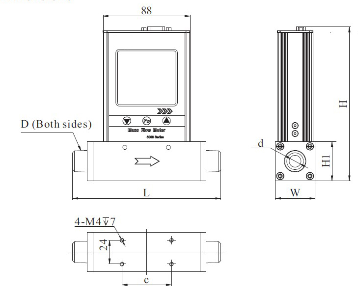 Dimensions of Gas Mass Flow Meter, 0~50/120/300/800L/min