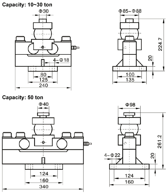 Shear beam load cell 10 ton to 50 ton dimensional drawing