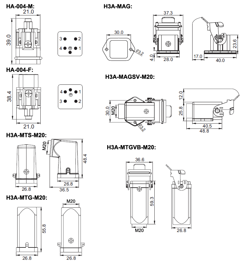 4 pin AC 250V/10A heavy duty connector dimension