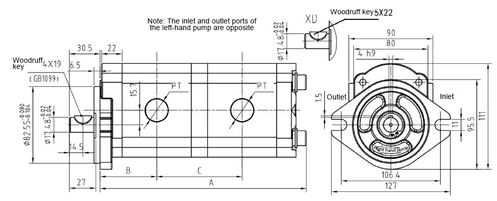 Dimensions of 11/13/18/20 GPM Hydraulic Tandem Gear Pump, 3600 psi