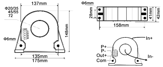 AC current sensor AC 200A to 1200A dimension and wiring