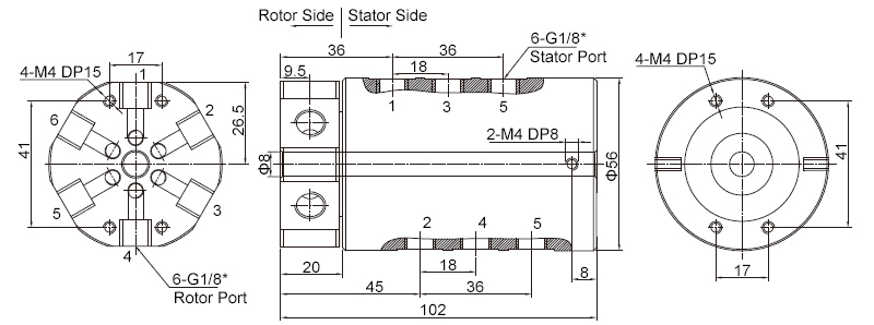 6-Passage Pneumatic/Electrical Rotary Joint Dimension Drawing