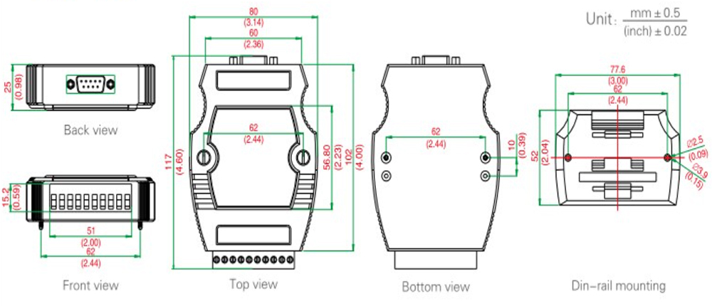 Dimension of two way RS232 to CAN BUS converter 