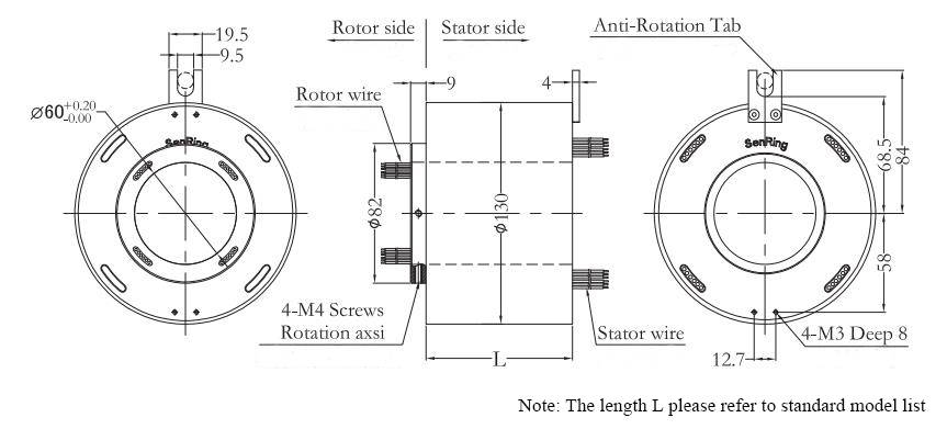 CHN-THSR-H60130 Through Bore Slip Ring Dimension Drawing