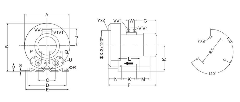 Dimension of ATO 3 hp regenerative blower