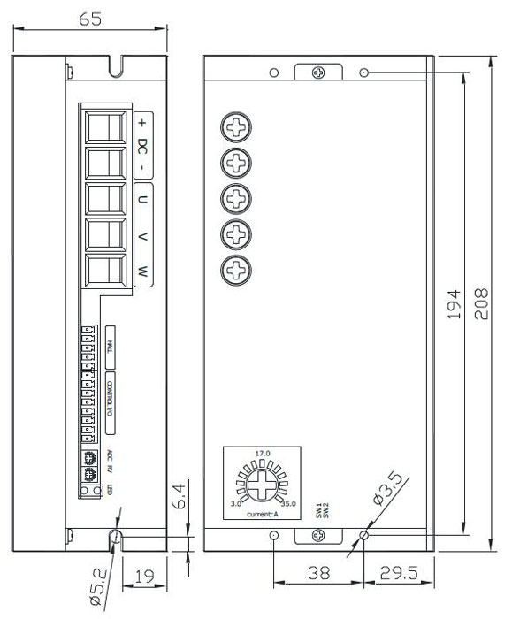 Dimensions of Brushless DC Motor Driver 12V 60V