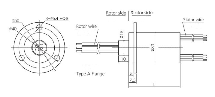 30mm Miniature Electrical Slip Ring (Type A Flange) Dimension Drawing