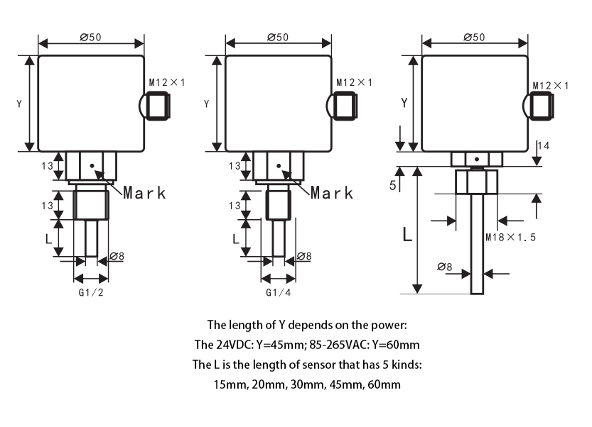 Thermal dispersion liquid flow switch dimension diagram