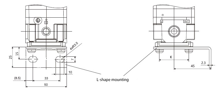 Dimensions of 50~5000 mbar 3/8 inch Proportional Pressure Regulator with L-shape bracket