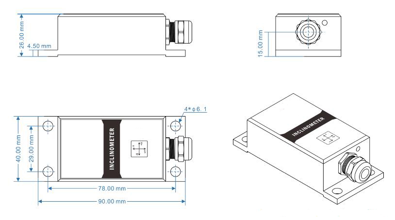 Dimensions of modbus inclinometer sensor 10°-90°