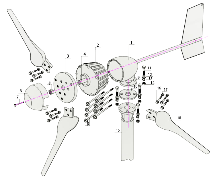 800W wind turbine exploded view