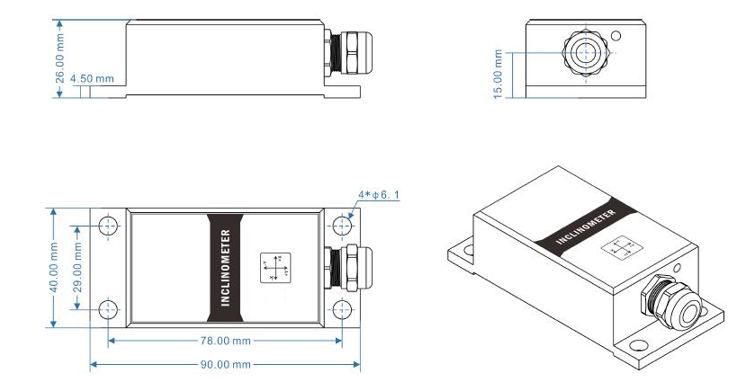 Dimensions of SCA inclinometer sensor 4-20ma 10°-180°