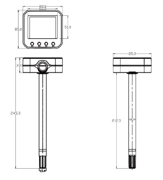 Dimensions of Temperature and Humidity Sensor Transmitter with Display Duct Mounted