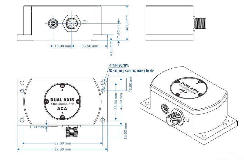 Dimensions of 0-5v inclinometer sensor, temperature compensation, 10°-90°