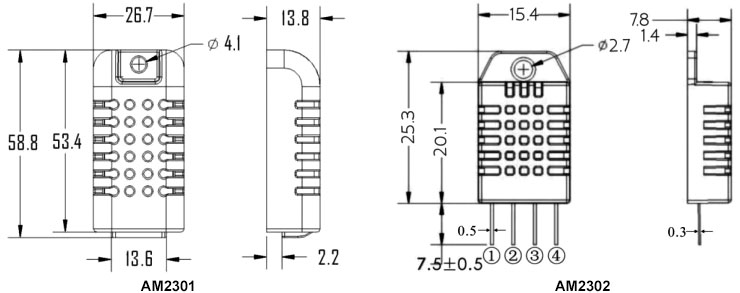 Temperature and humidity sensor AM2301 dimensional drawing