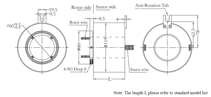 CHN-THSR-H60119 Through Bore Slip Ring Dimension Drawing