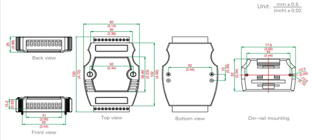 Dimension of RS232 to RS485 hub of 4 ports