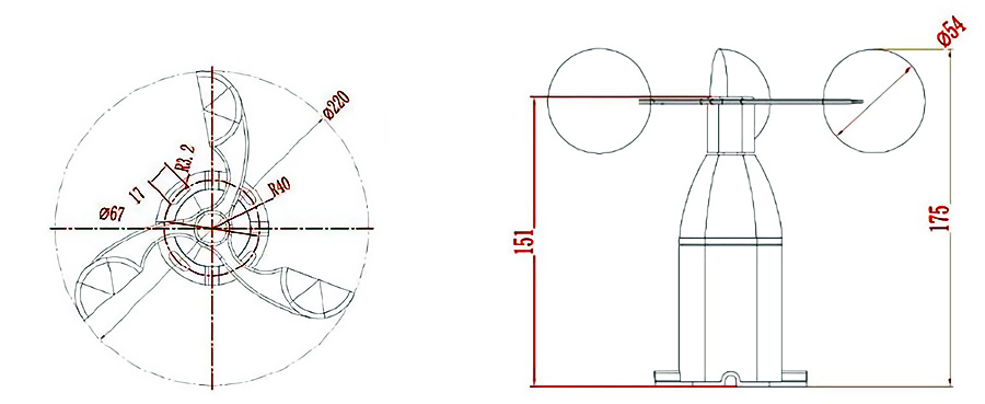 Dimension diagram of 3-Cup Anemometer, 0~30 m/s Wind Speed, RS 485 Output