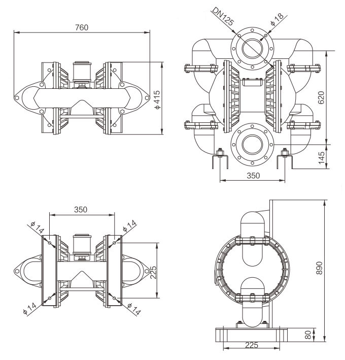 Dimension Drawing of 5 inch Air Operated Double Diaphragm Pump