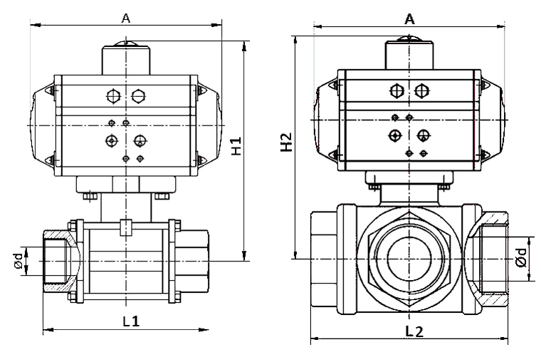 2 way 3 way stainless steel thread type pneumatic ball valve dimension