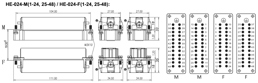 48 pin heavy duty connector inserts and contacts dimension