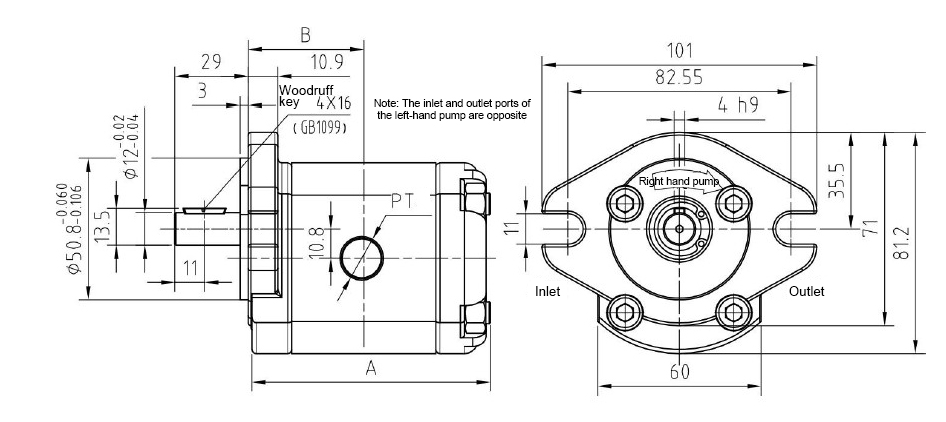 Dimensions of 1/2/4/5 GPM Hydraulic Single Gear Pump, 3600 psi