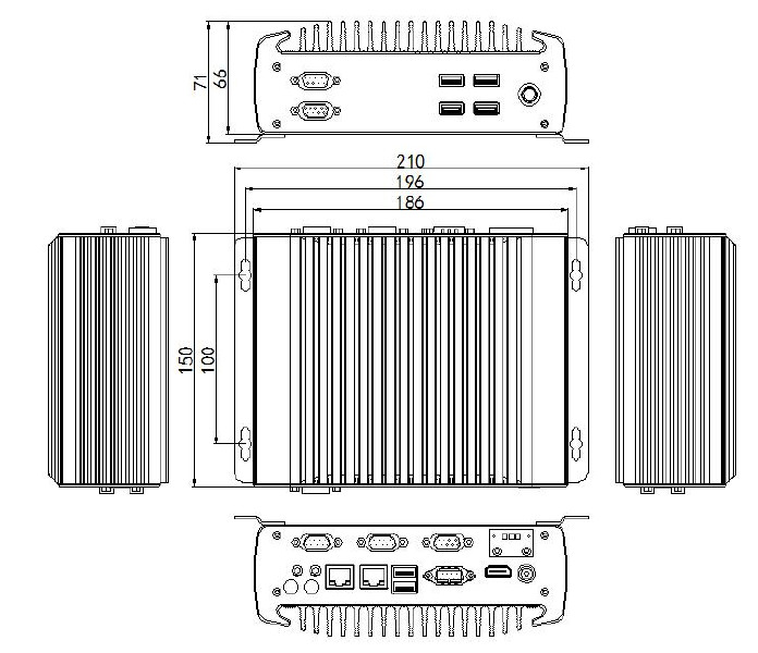 Dimensions of Mini Fanless Industrial PC, Celeron J1900, Linux/Win 7