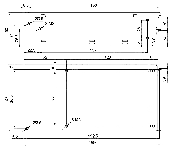 Installation dimensiions of 150W switching power supply