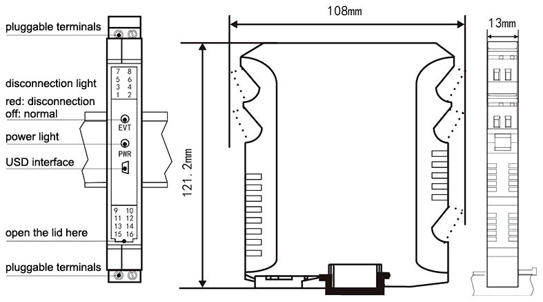 Thermocouple/RTD signal conditioner dimension