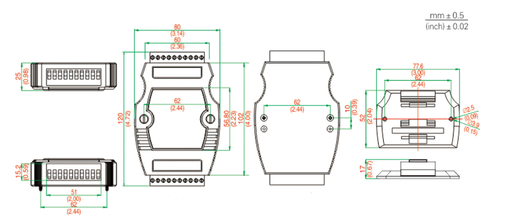 Dimension of RS232 to RS485 hub of 2 ports