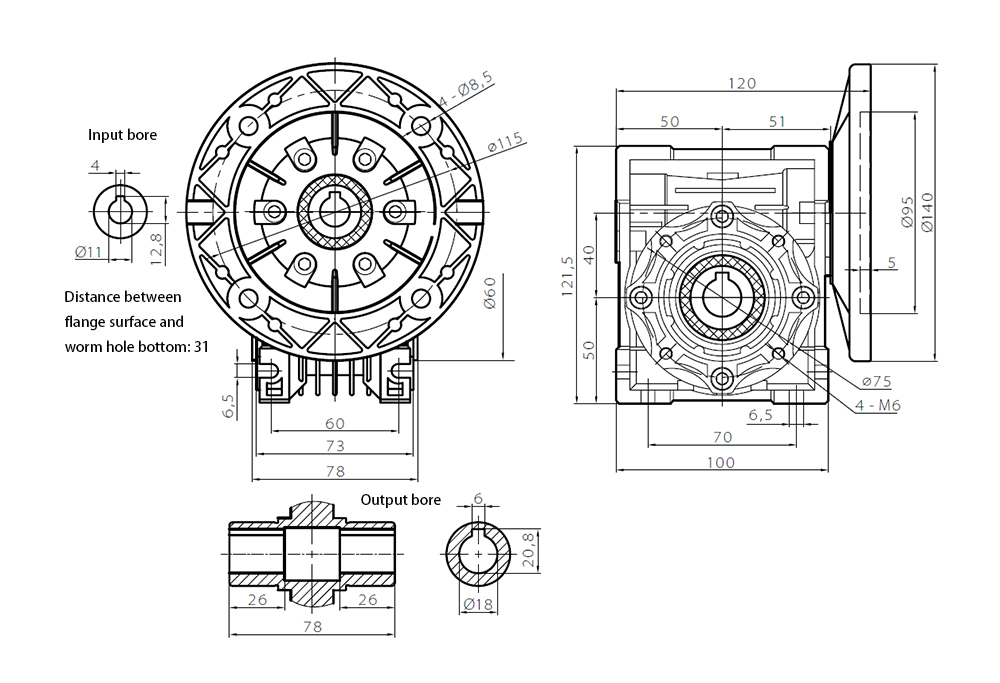 ATO 40mm worm gear reducer outline dimensional drawing