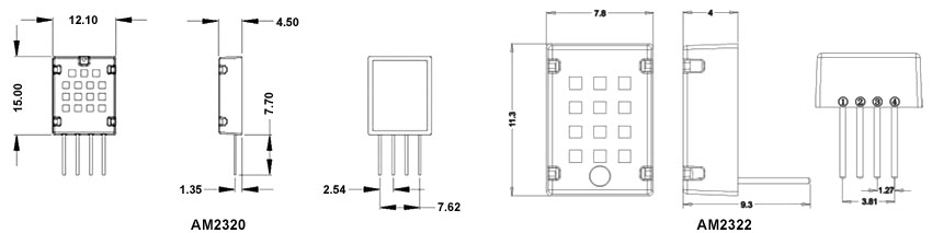 Temperature and humidity sensor AM2320 dimensional drawing