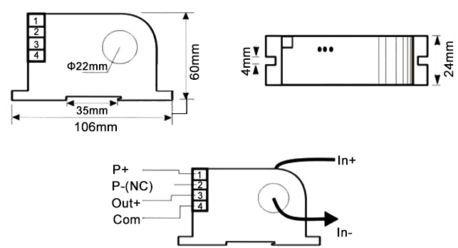 AC current sensor 5A to 400A dimension and wiring