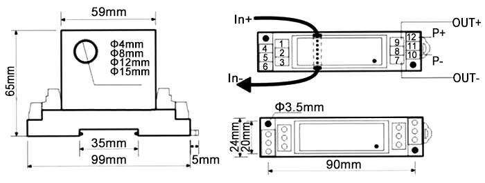 AC current sensor 1A to 150A dimension and wiring